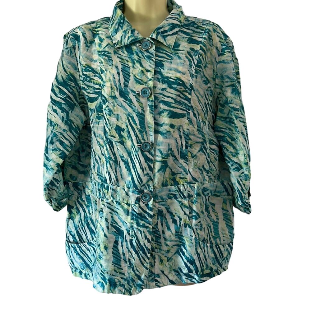 Chico’s 2 Blue Print Lightweight Summer Jacket Woman Size 12 Button Front